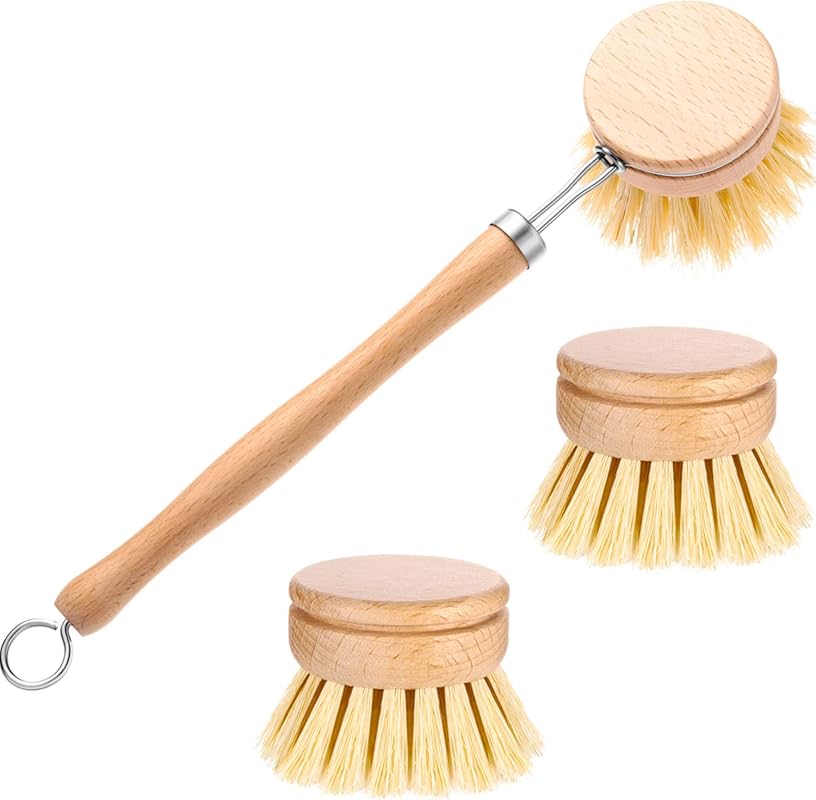 Boao Dish Brush: Natural Beechwood Handle with 2 Replacement Heads, Id