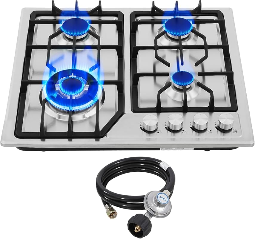 22x20 Built-in Gas Cooktop: 4 Stainless Steel Burners, NG/LPG Conversi