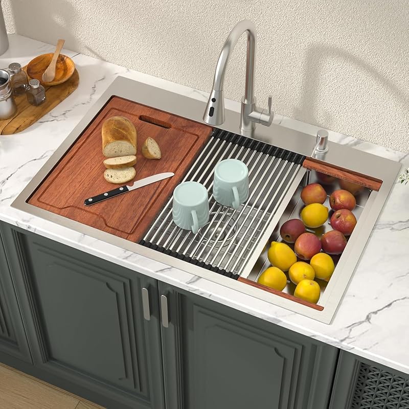 Lordear 33x22 Inch Drop-In Single Bowl Workstation Kitchen Sink, Handm