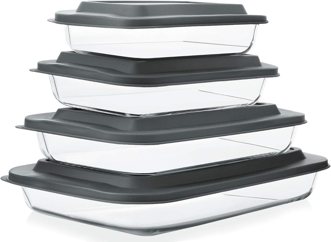 8-Piece Deep Glass Baking Dish Set with Plastic Lids, Rectangular Bake
