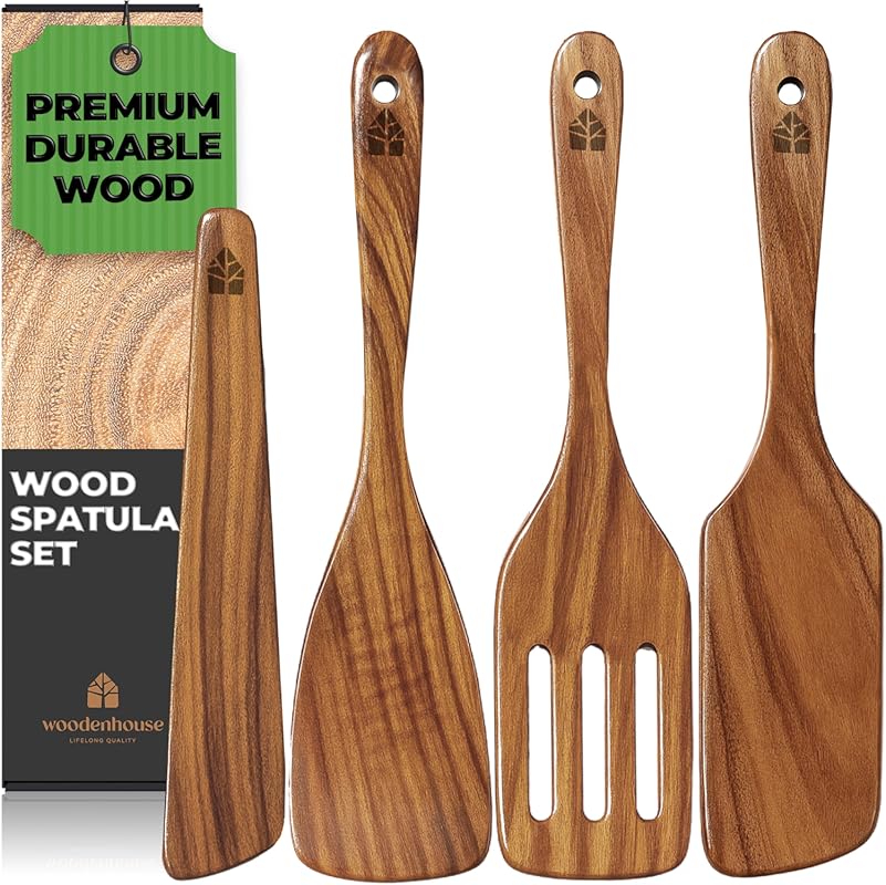 4-Piece Teak Wooden Spatula Set for Cooking – Nonstick Safe Utensils i