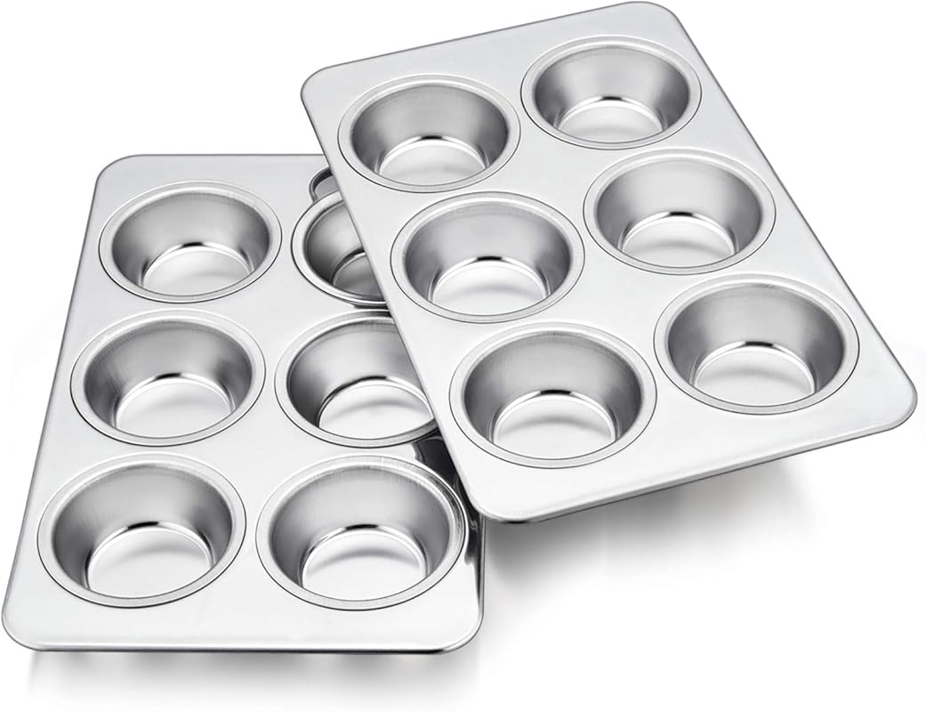 TeamFar 2-Pack Stainless Steel 6-Cup Muffin and Cupcake Pans for Bakin