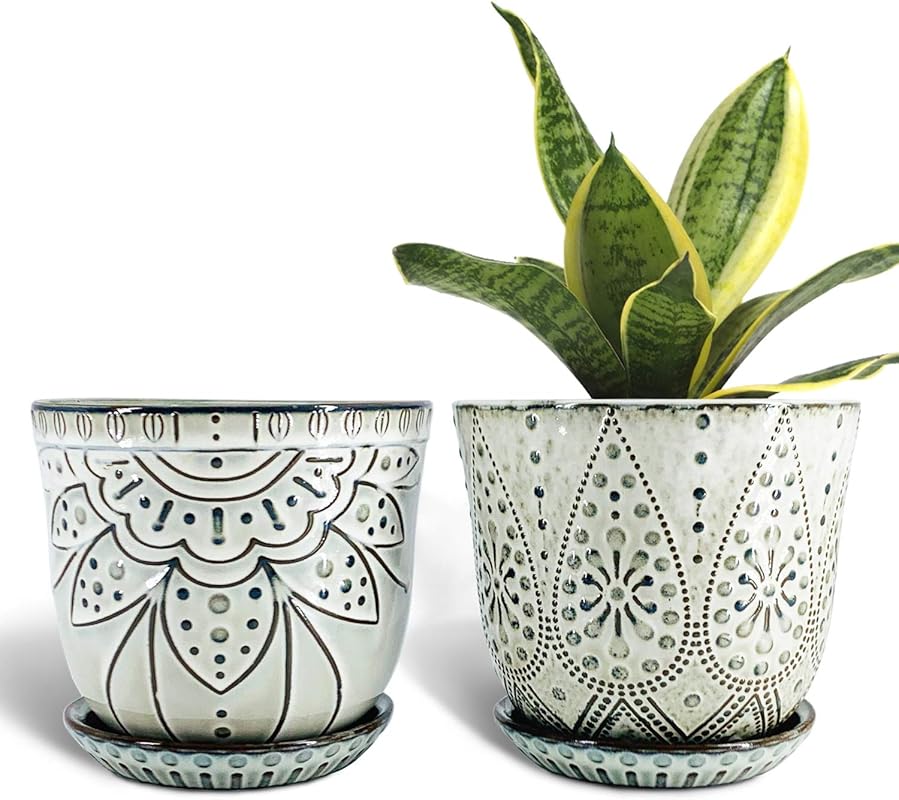 Gepege 6 Inch Smoked Gray Beaded Ceramic Planters (Set of 2) with Drai