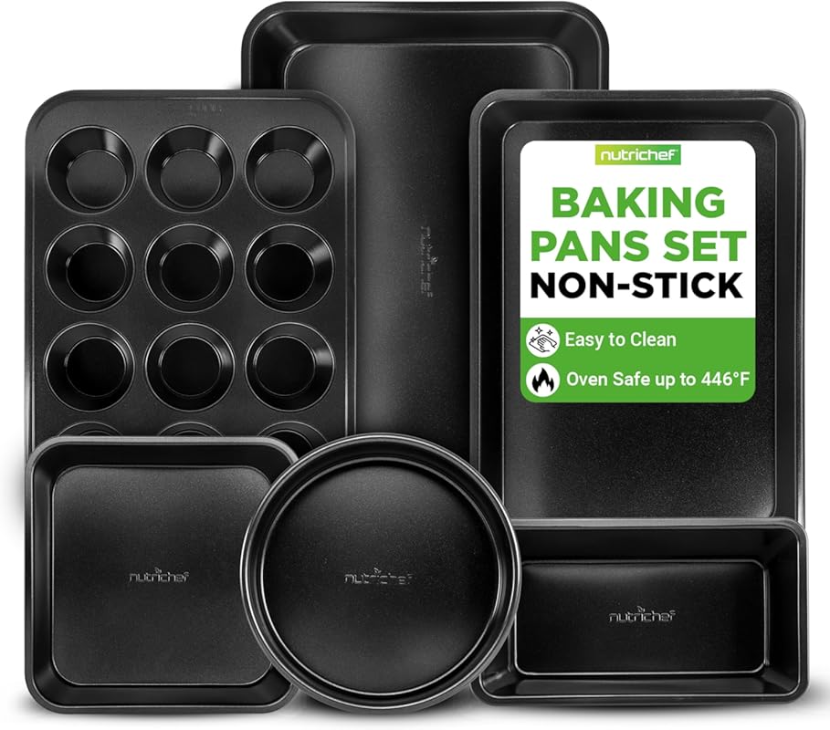 NutriChef Stackable Non-Stick Carbon Steel Bakeware Set: Cookie Sheet,