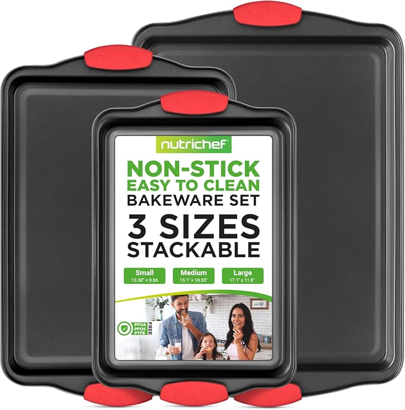 NutriChef 3-Piece Nonstick Baking Pans Set with Red Silicone Handles,