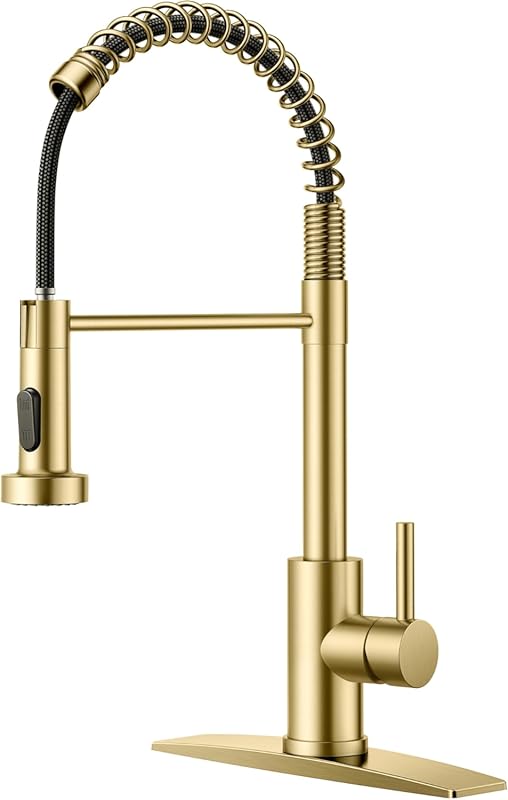 FORIOUS Commercial Gold Kitchen Faucet with Spring Pull-Out Sprayer, S