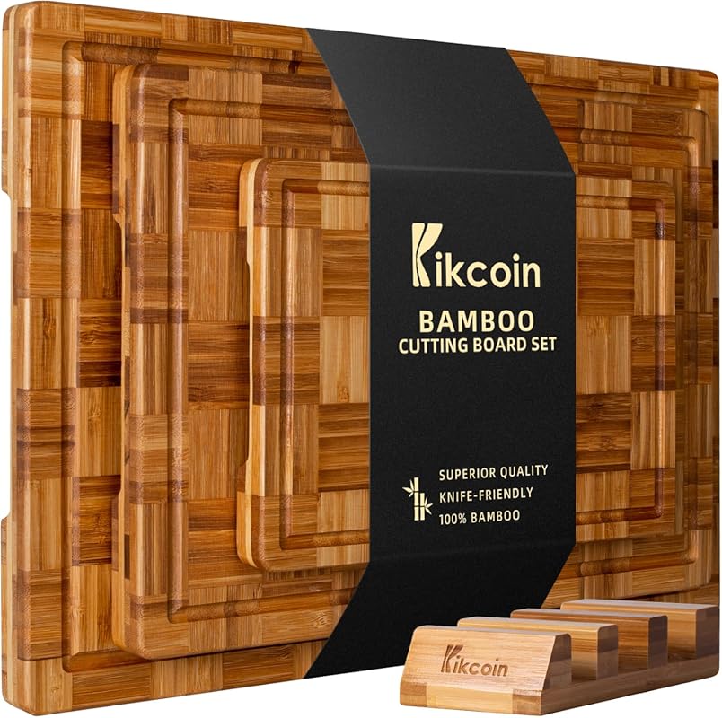 Kikcoin Extra Large Bamboo Cutting Board Set of 3, End Grain Butcher B