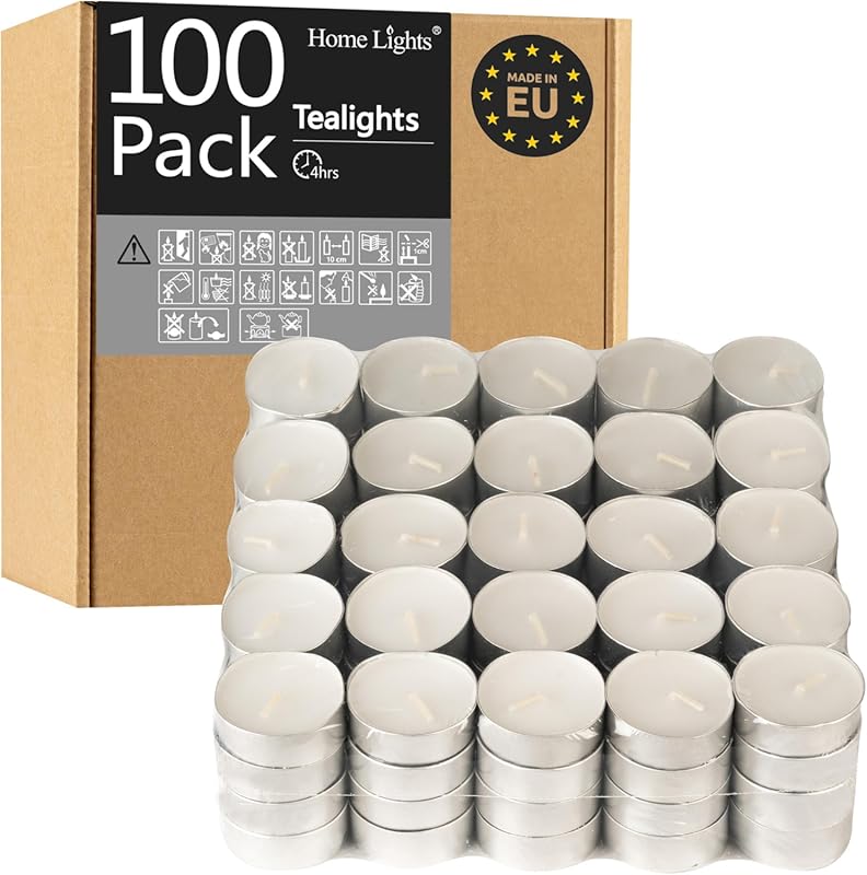 100 Pack Unscented White Tealight Candles, 4 Hour Smokeless European V