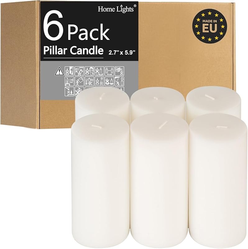 HomeLights 6 Count White Unscented Pillar Candles, 2.7x6 Inch, 60 Hour