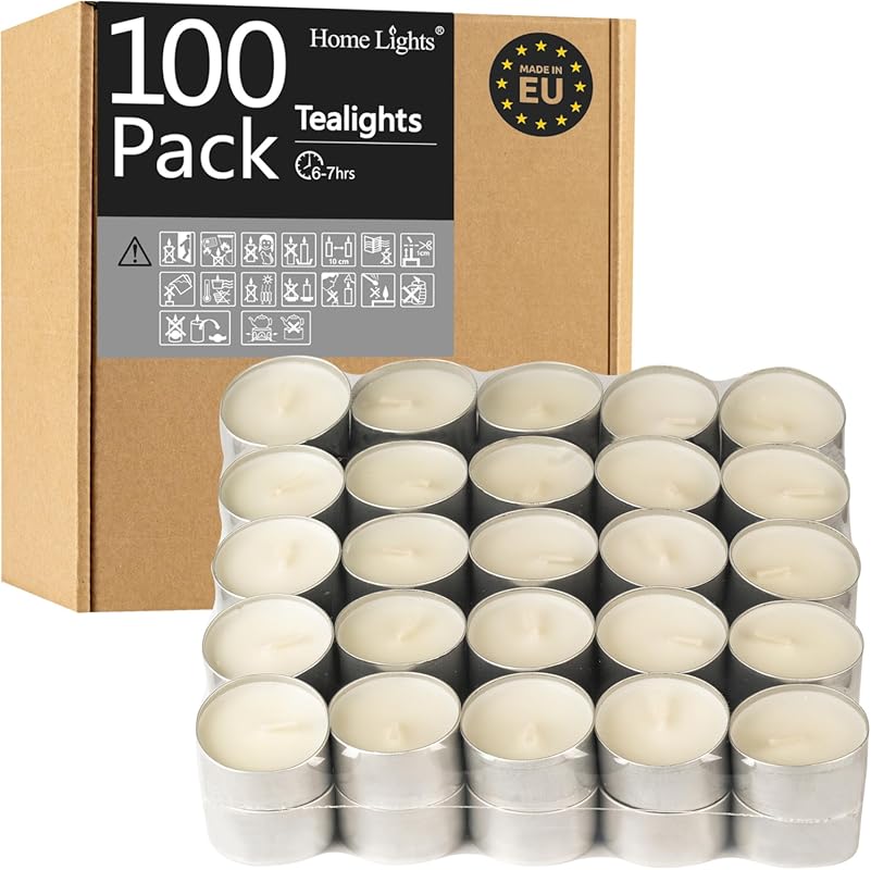 HomeLights Unscented White Tealight Candles, 100 Pack, 6-7 Hour Smokel