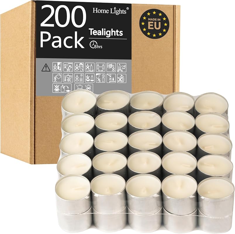 HomeLights Unscented White Tealight Candles, 200 Pack, 8 Hour Long Bur