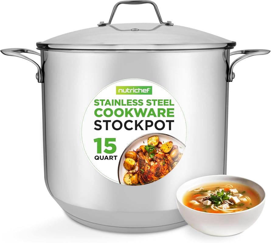 NutriChef NCSP16 15-Quart Stainless Steel Stock Pot with Tempered Glas