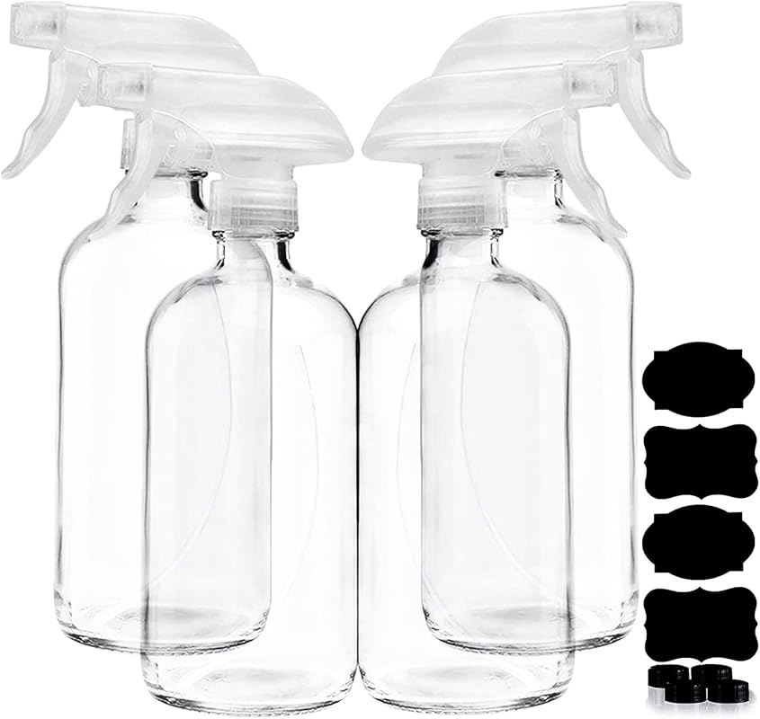 Clear Glass Spray Bottles, 4-Pack 16oz Refillable for Cleaning, Hair &