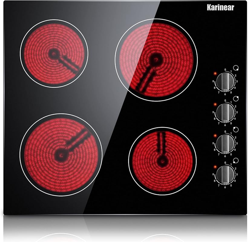 Karinear 24 Inch Built-in Electric Cooktop: 4 Radiant Burners, Knob Co
