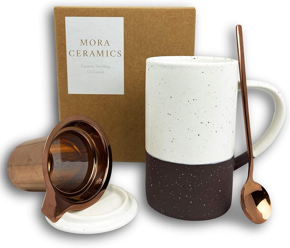 Mora Ceramics Tea Cup with Loose Leaf Infuser, Spoon & Lid, 12oz Coffe