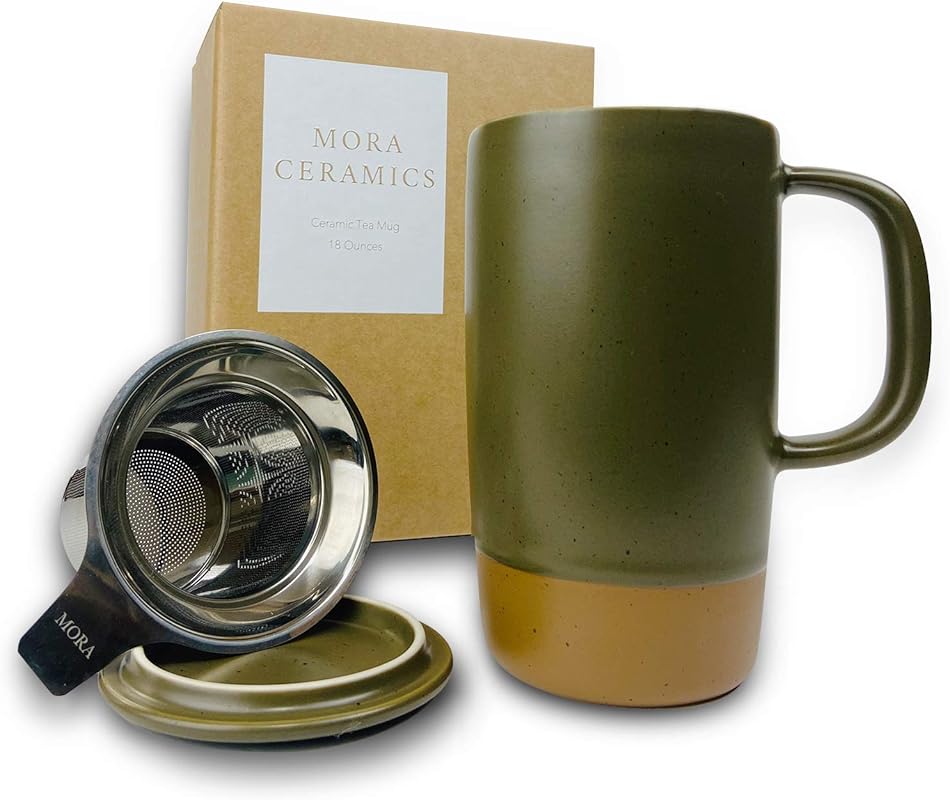 Mora Ceramics 18 oz Tea Mug with Loose Leaf Infuser, Ceramic Lid, Rust