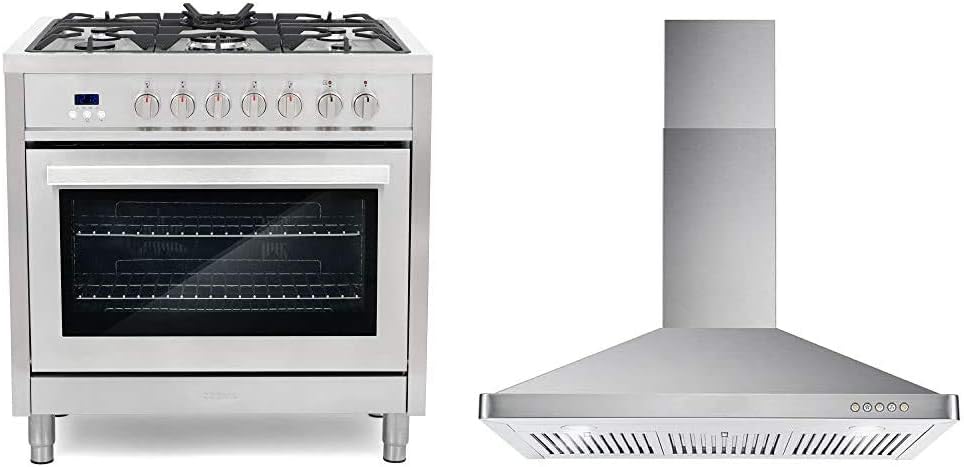 COSMO 36 in. Dual Fuel Range & Wall Mount Range Hood Bundle in Stainle