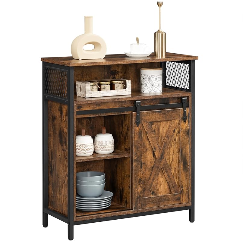 VASAGLE Rustic Brown Coffee Bar Sideboard, Sliding Barn Door, Adjustab