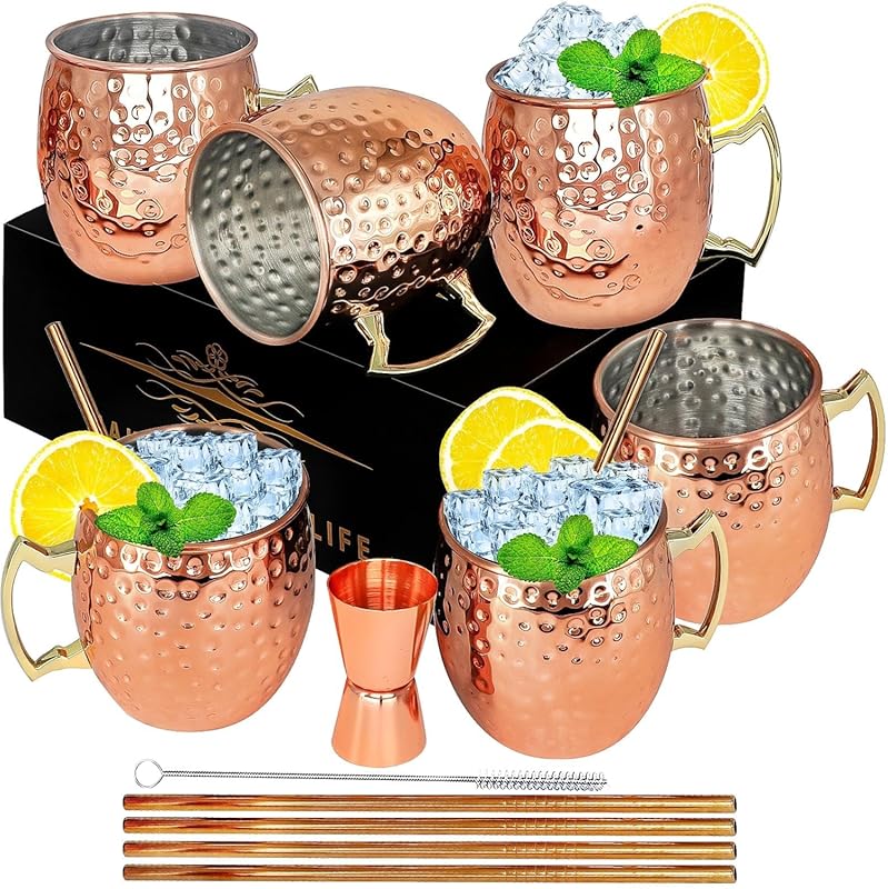 LINALL Moscow Mule Copper Plated Stainless Steel Mugs – Set of 6, 18oz