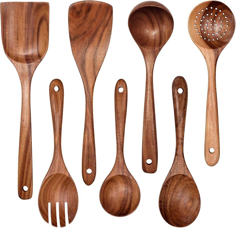 7-Piece Natural Teak Wooden Kitchen Utensil Set - Non-Stick Spoons, Sp