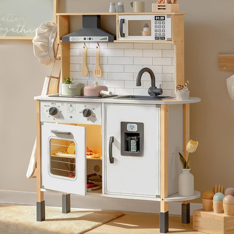 Tiny Land Wooden Play Kitchen for Kids: Chef Pretend Play, Real Lights