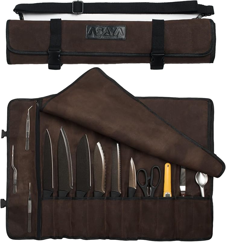 Asaya Canvas Chef Knife Roll Bag: 10 Slots, Large Zipper Pocket, Durab