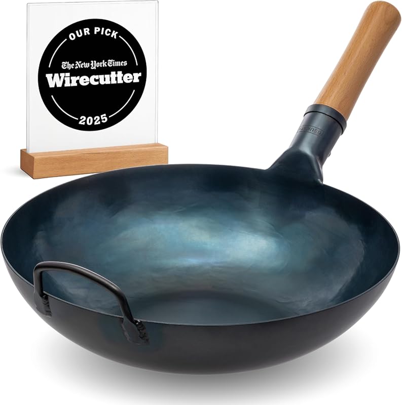 YOSUKATA 13.5” Pre-Seasoned Blue Carbon Steel Wok Pan, Flat Bottom, Al