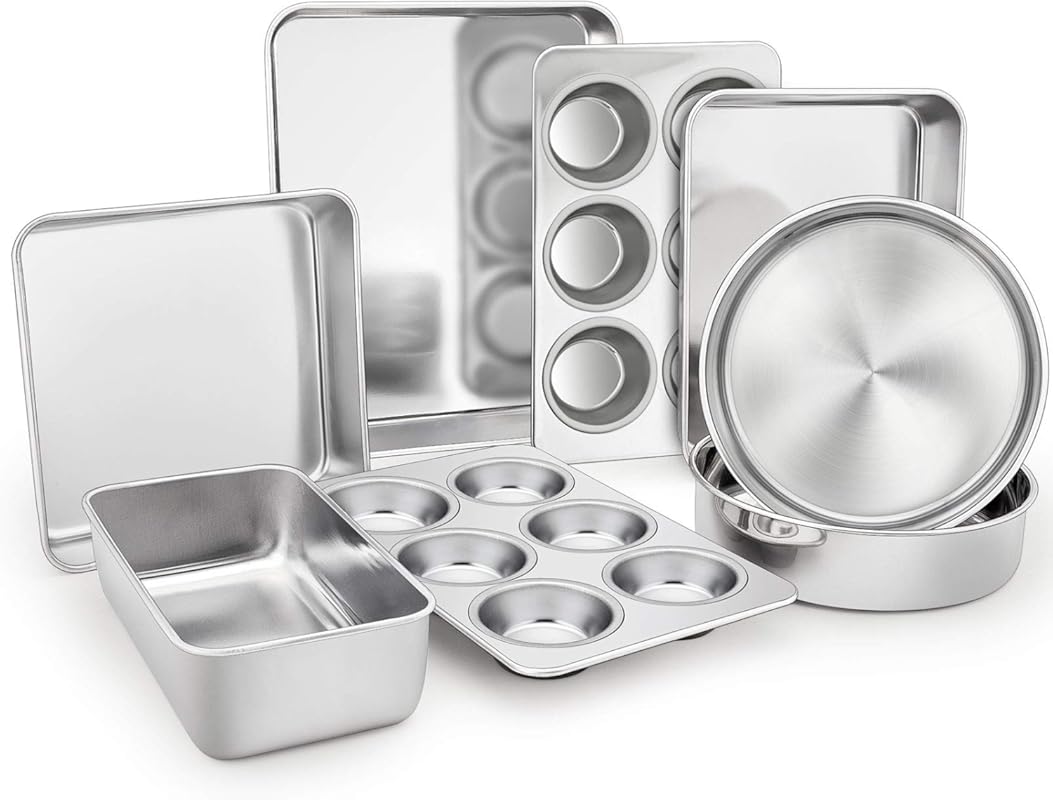 TeamFar Set of 8 Stainless Steel Bakeware: Lasagna, Round/Square Cake,