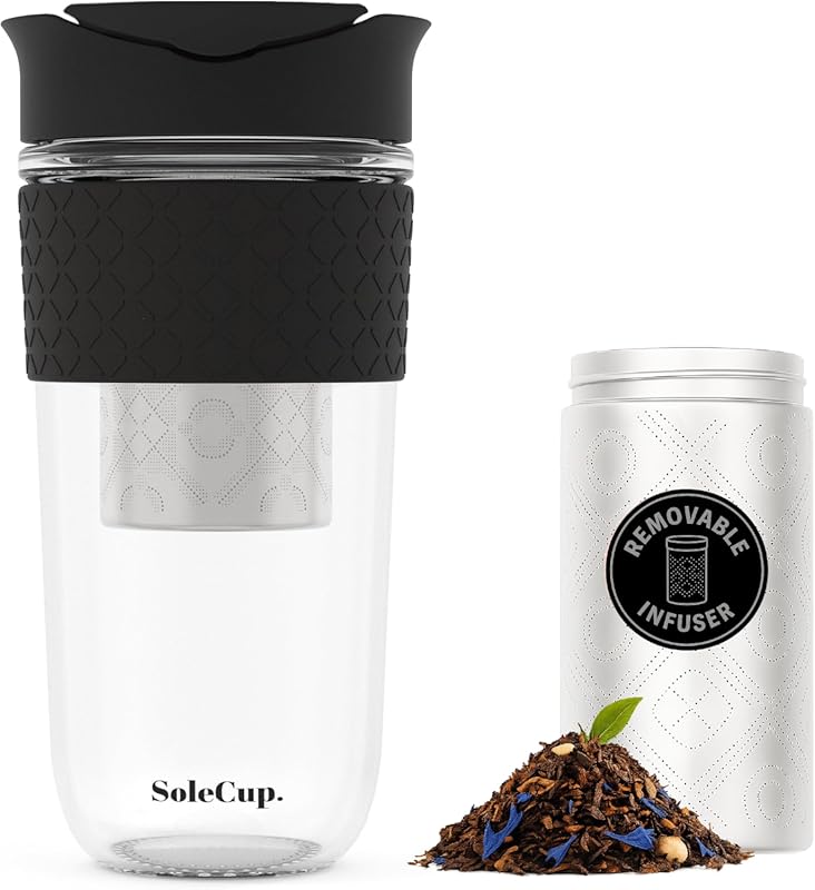 Large 18 oz Reusable Glass Travel Mug, Infuser, Spill-Proof Lid, BPA-F