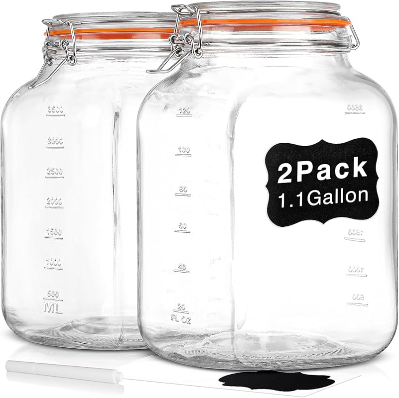 2 Pack Square 1.1 Gallon Wide Mouth Airtight Glass Jars with Leak-Proo