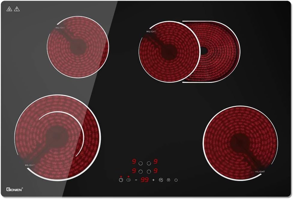 30 Inch Electric Cooktop, 4 Burner Ceramic Stove, Black Glass, Flexibl