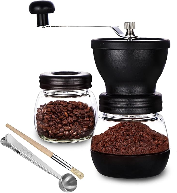 PARACITY Manual Coffee Grinder, Ceramic Burr Hand Mill, 2 Glass Jars f