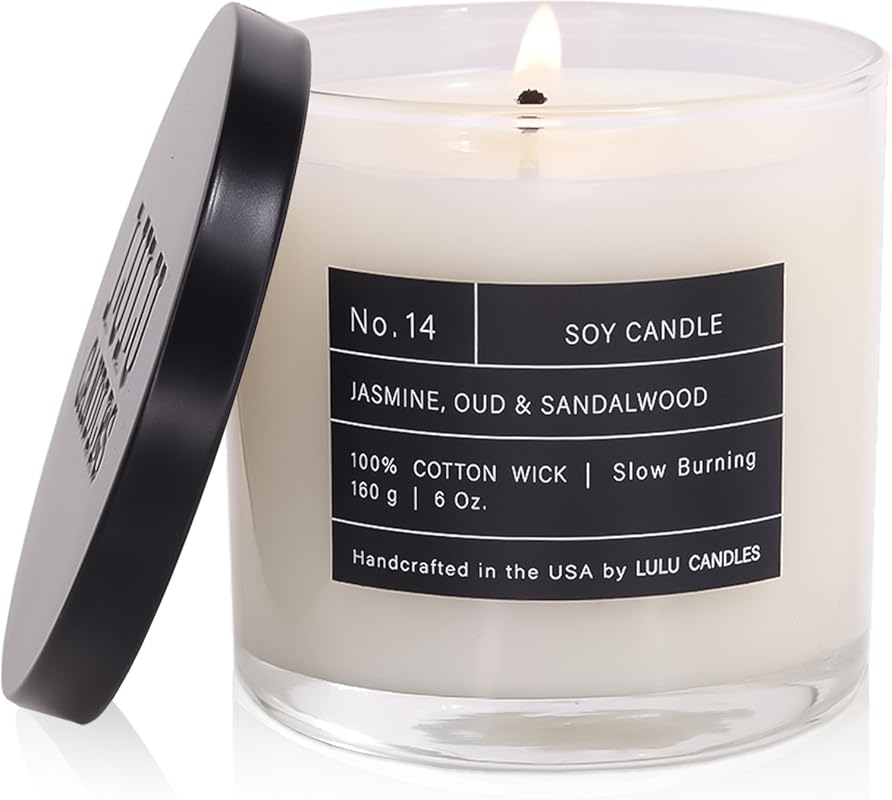 Lulu Candles Luxury Jasmine Oud & Sandalwood Scented Soy Jar Candle, 6