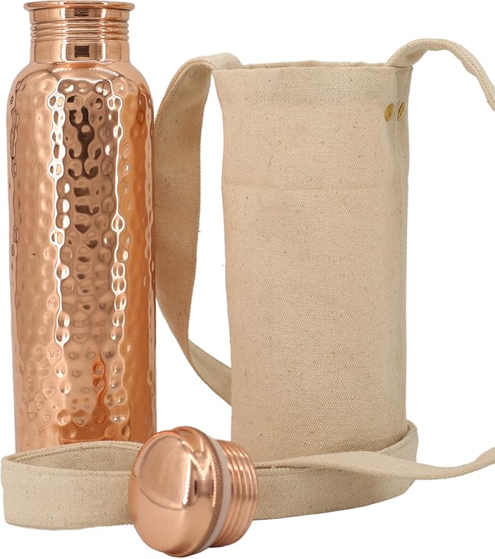 Authentic Pure Copper Water Bottle, 34oz, with Canvas Bag, Lab-Tested,