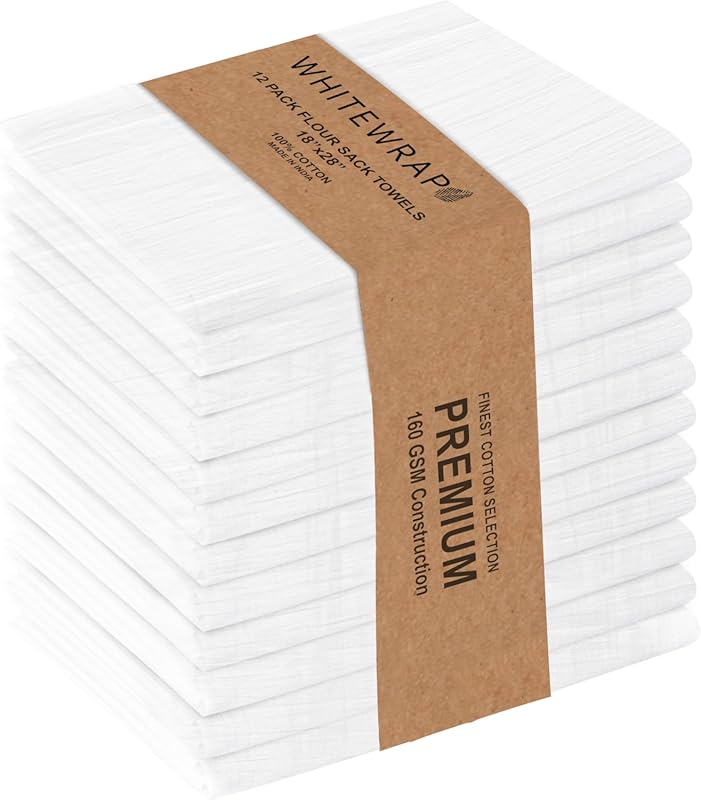 White Flour Sack Cotton Towels 12-Pack, 18x28 Inch, Thick, Absorbent,
