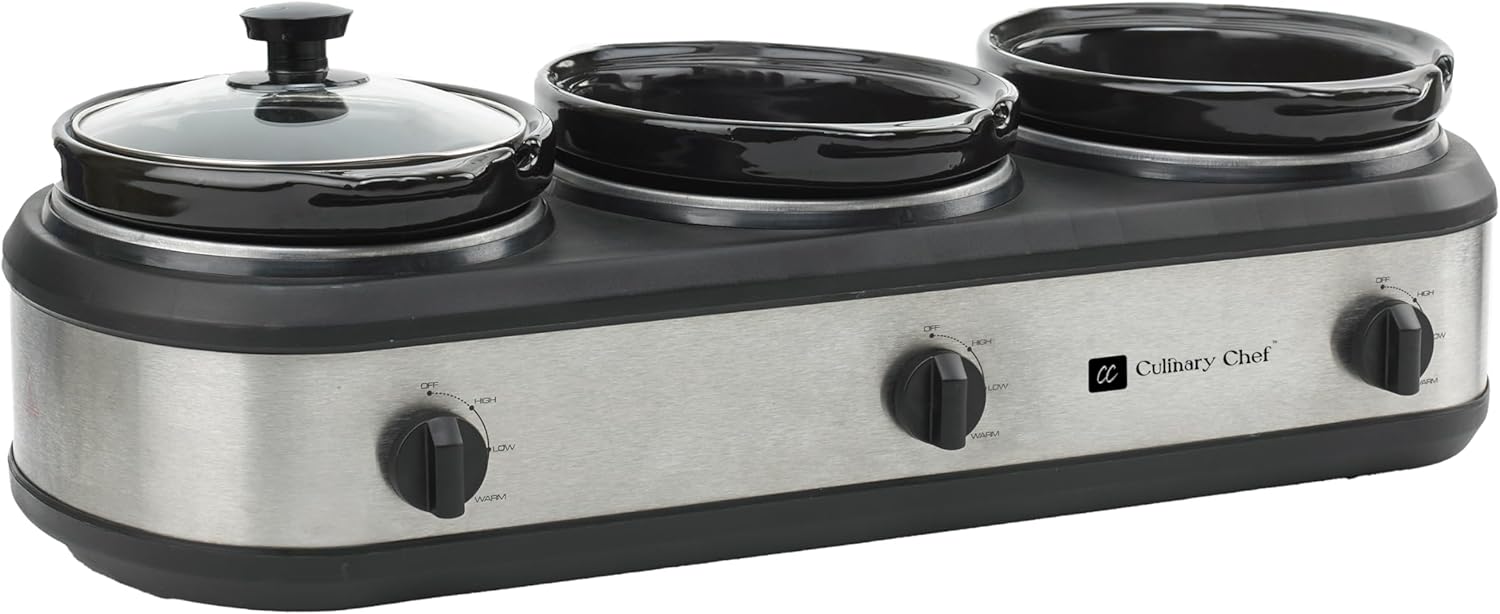 CULINARY CHEF Triple Slow Cooker Buffet Server, 3 Pot Food Warmer, Sta