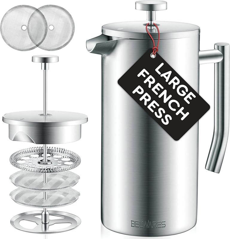 Belwares 50oz French Press Coffee Maker, 304 Stainless Steel Insulated
