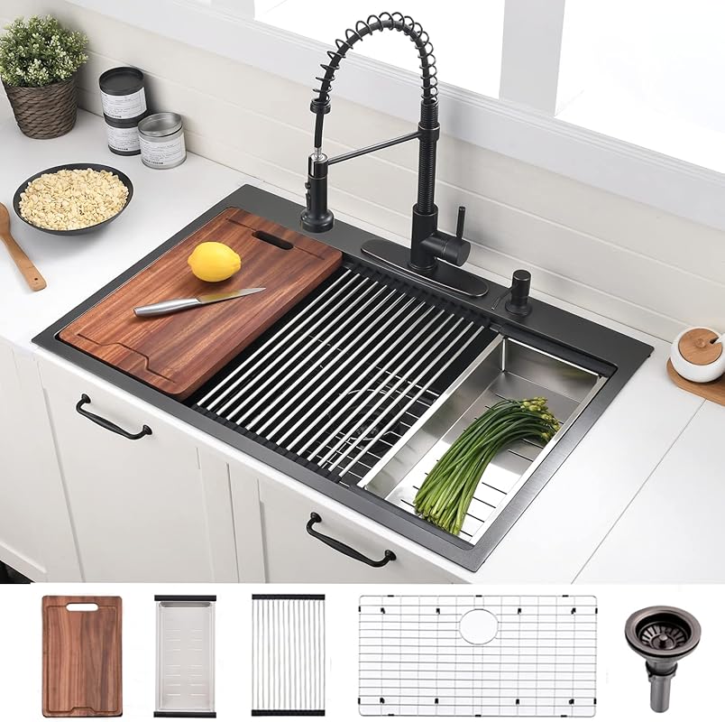 VOKIM 33x22 Inch Black Drop-In Single Bowl Workstation Sink with Cutti