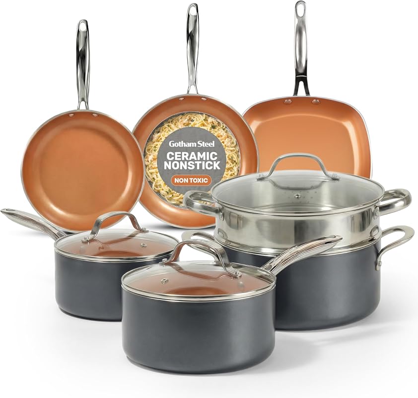 Gotham Steel 12-Pc Nonstick Ceramic Cookware Set with Steamer, Oven & 