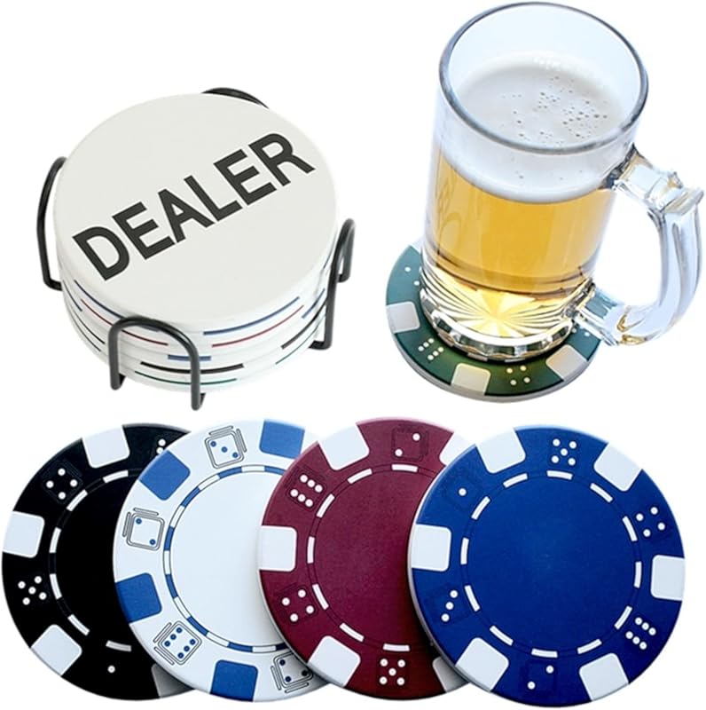 PANCHH Man Cave Poker Coasters with Holder for Drinks: Casino Theme De