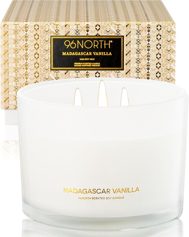 96NORTH Luxury Vanilla Scented Soy Candle, Large 3-Wick, 50-Hour Natur