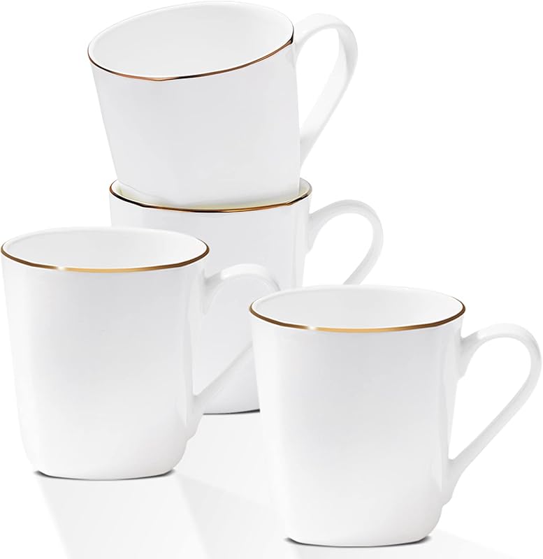 Fine Bone China White Mugs, 10 oz Set of 4, Gold Rim, Lightweight & Mi