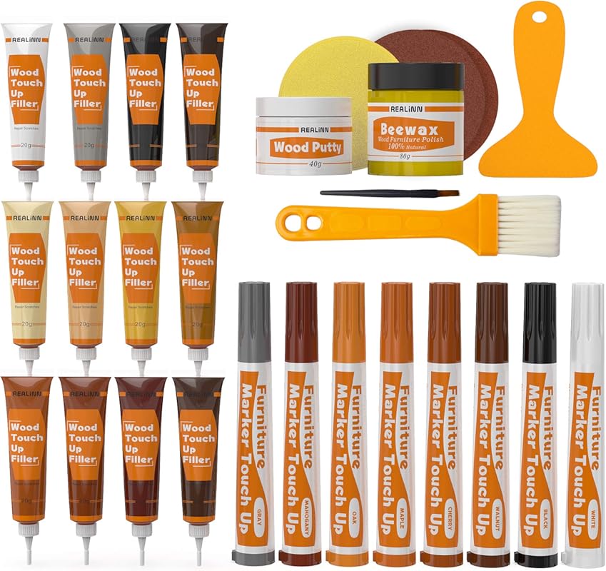 REALINN Wood Furniture Repair Kit: 28-Piece Set with Markers, Fillers,