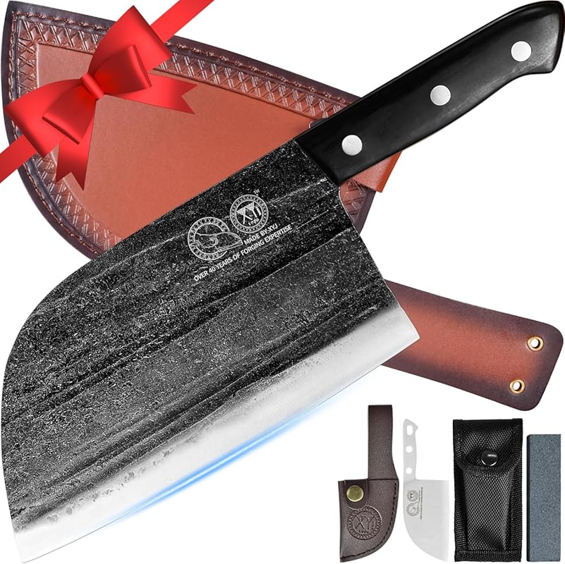 XYJ 7.5 Inch Full Tang Serbian Chef Knife Meat Cleaver with Leather Sh