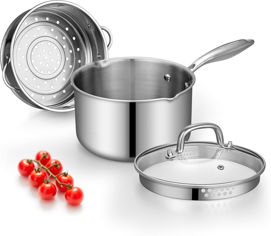 Tri-Ply 2 Qt Stainless Steel Sauce Pan with Steamer Basket & Straining