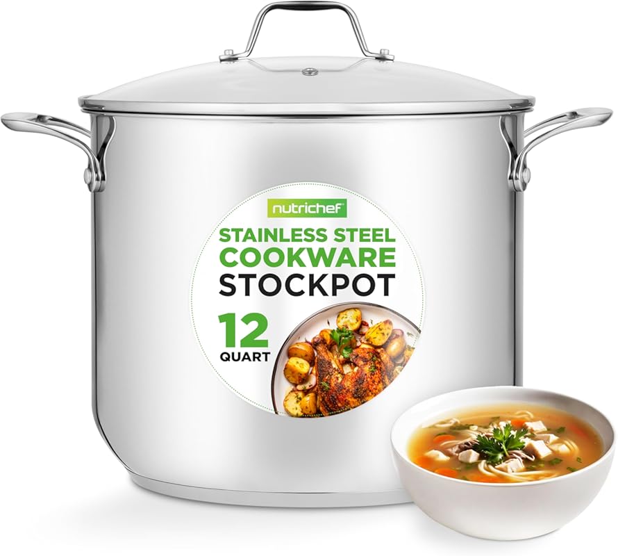 NutriChef 12-Quart Stainless Steel Stockpot, Heavy-Duty Induction-Comp