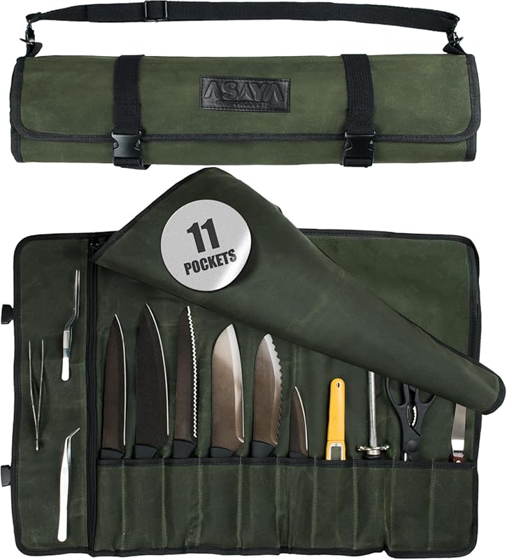 Asaya Canvas Chef Knife Roll Bag: 10 Slots, Large Zipper, Durable Adju
