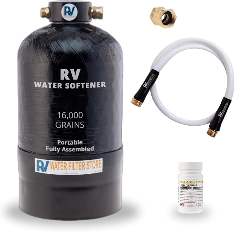 Essential Portable 16,000 Grain RV Water Softener with Custom Hose & 3