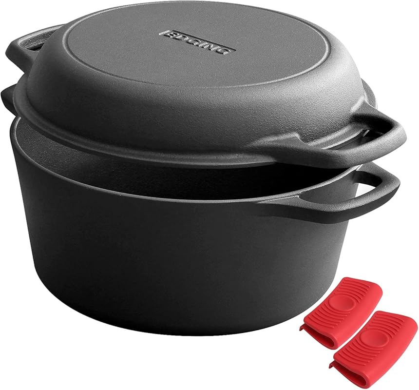 5 Qt 2-in-1 Pre-Seasoned Cast Iron Dutch Oven with Skillet Lid & Dual