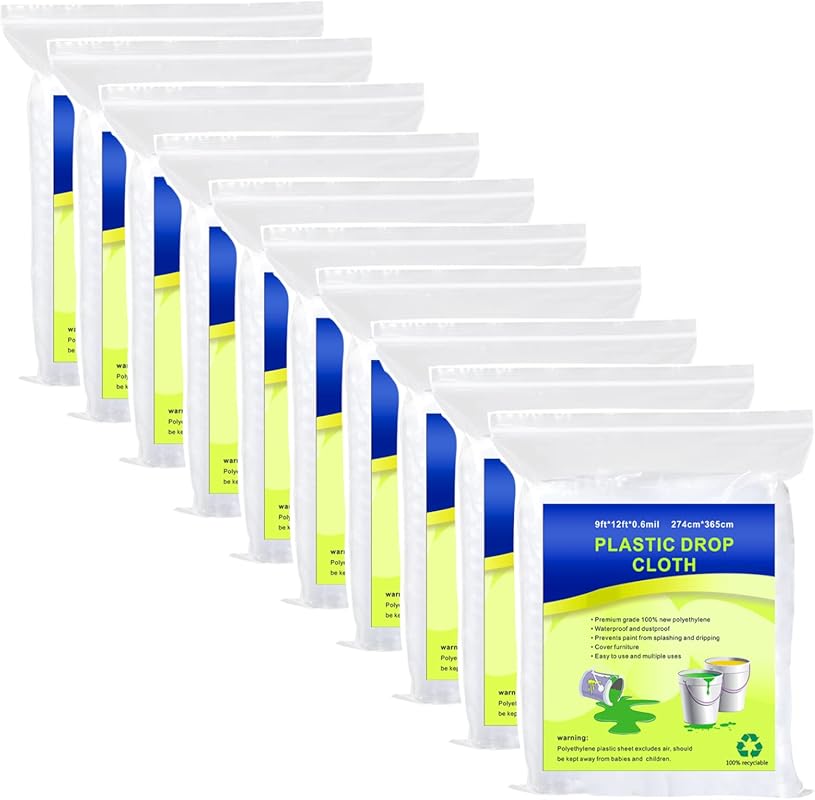 10-Pack Plastic Drop Sheets for Painting: Waterproof, Dust-Proof Clear